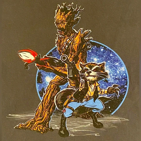 Disney Star Wars + Marvel Guardians of The Galaxy Mash Up Shirt - Rocket & Groot - Picture 1 of 3